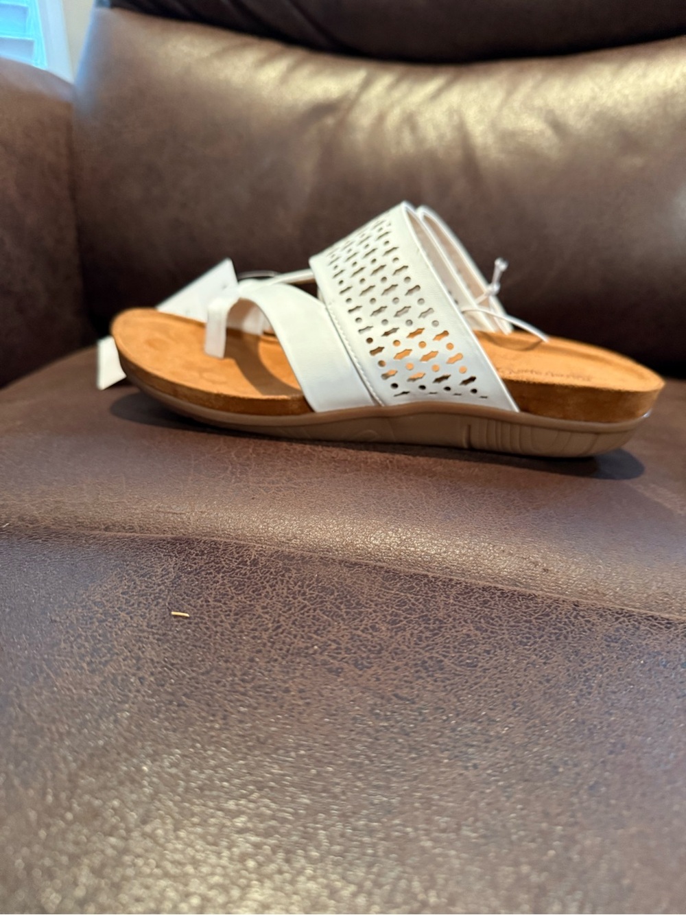 BareTraps White Perforated Slide Sandals with Tan Footbed - Picture 2 of 7